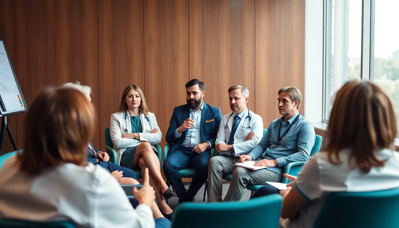 A group of healthcare professionals discusses concerns about the prescription practices of private cannabis clinics in the UK during a meeting.