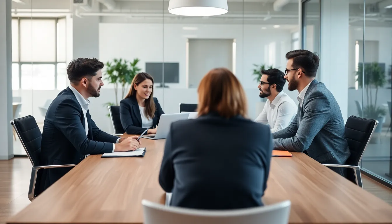 A group of professionals sits around a conference table, discussing strategies to manage procrastination while working remotely, with laptops and notepads in front of them.