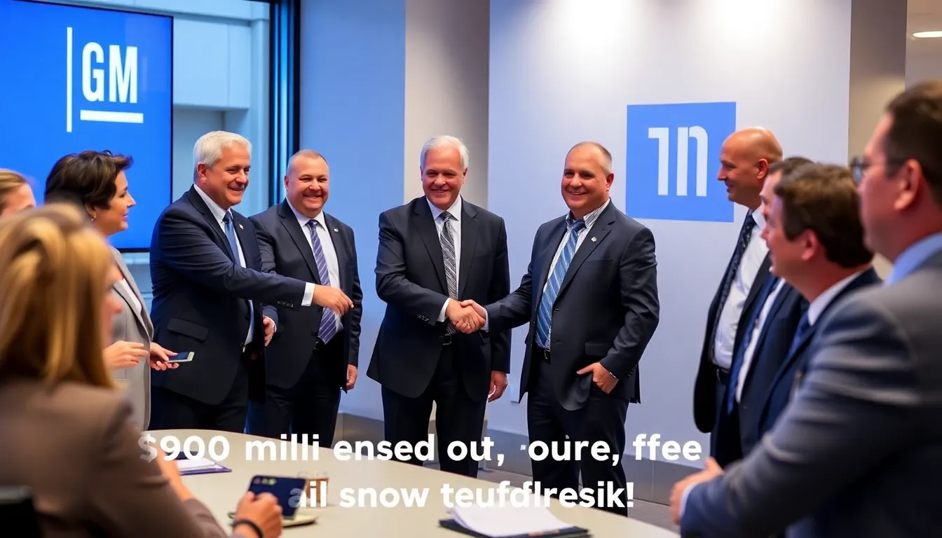 General Motors executives celebrate in a conference room as they announce a significant profit increase attributed to a recent 0 million tariff refund.
