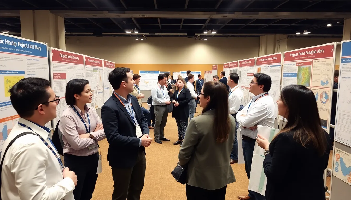 A group of scientists engages in a lively discussion at a conference, surrounded by posters and presentations related to the scientific themes explored in Project Hail Mary.