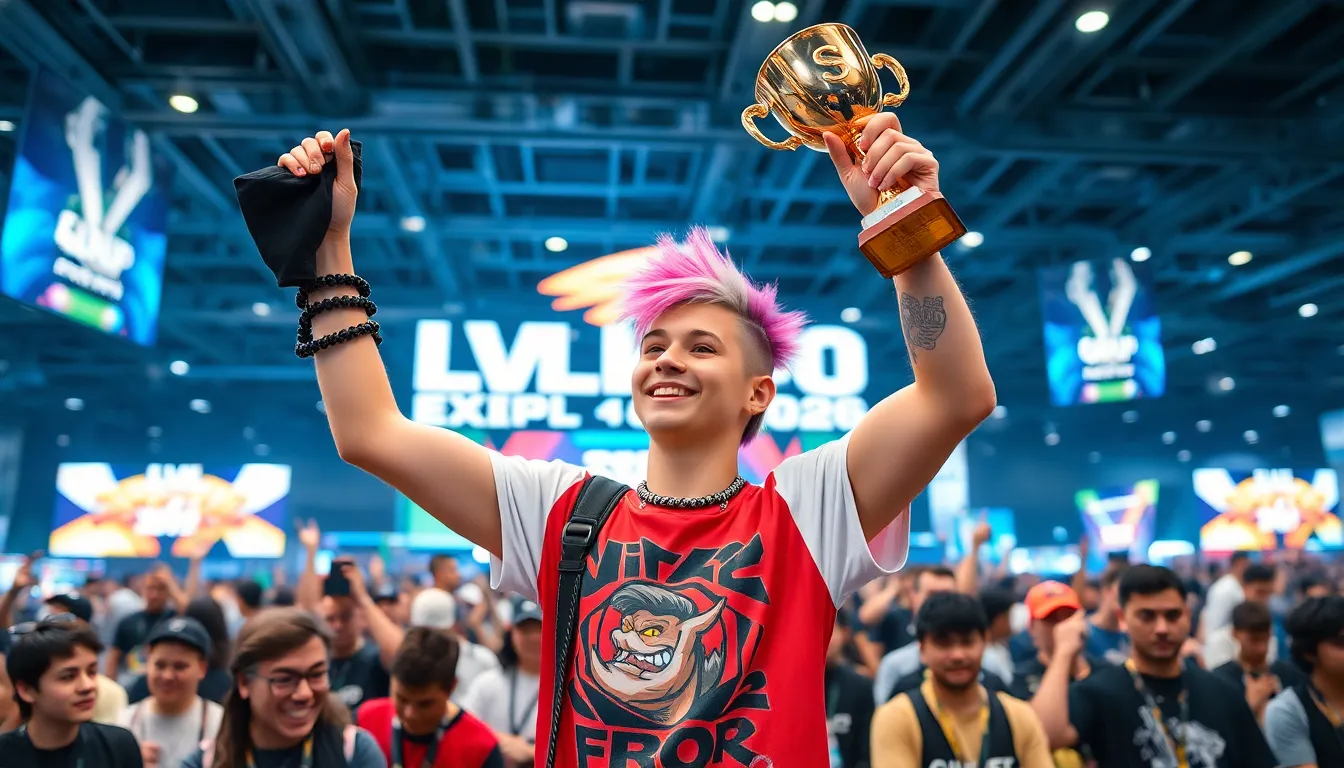 Punk celebrates his victory after winning the Street Fighter 6 tournament at LVL UP EXPO 2026, surrounded by cheering fans and fellow competitors.