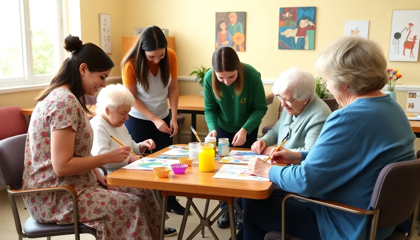 Students guide hospice patients in a colorful art session, fostering creativity and connection through painting and crafting activities.