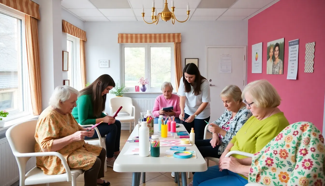 Patients sharing stories and smiles while engaging in a crafting activity led by local school students