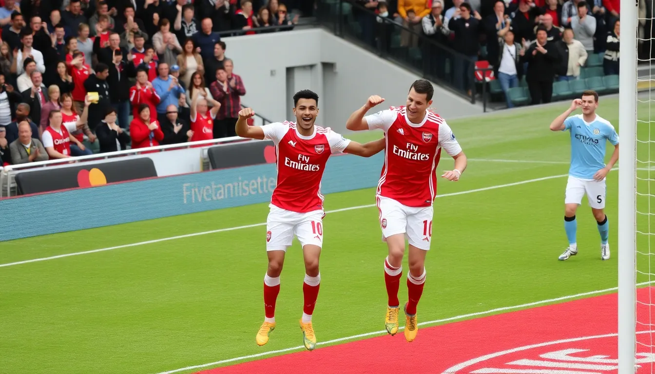 Arsenal players celebrate a goal during a thrilling match against Manchester City, highlighting their potential amidst the pressures of high expectations for the season.