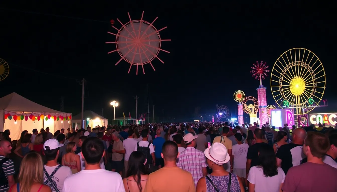 A crowd gathers at Coachella, eagerly anticipating the premiere of Radiohead's immersive installation, Motion Picture House Kid A mnesia, surrounded by vibrant festival decorations and art installations.