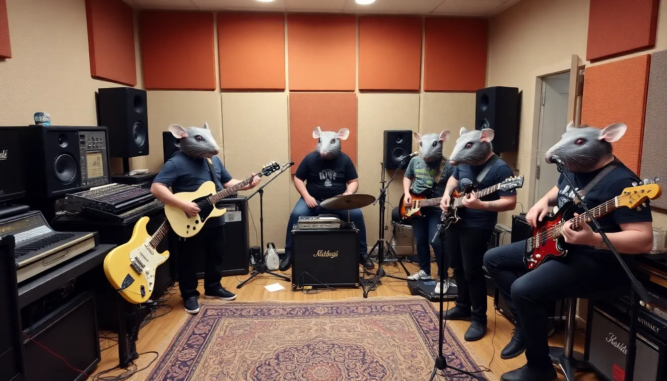 Band members of Ratboys gather in a recording studio, surrounded by instruments and equipment, as they engage in a lively discussion about their upcoming album and their unique 'rodent identities.'