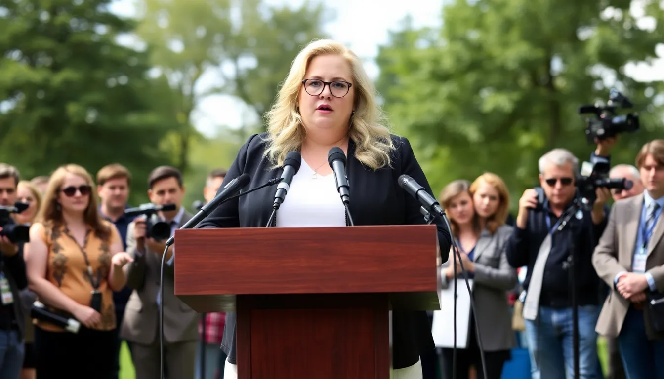 Rebel Wilson speaks at a press conference, addressing allegations of bullying during the filming of her latest project, with reporters and cameras capturing the moment.