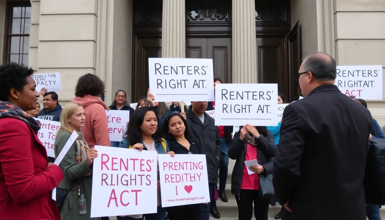 A group of tenants gathers outside a city hall, holding signs in support of the Renters' Rights Act while discussing its implications for their housing security.