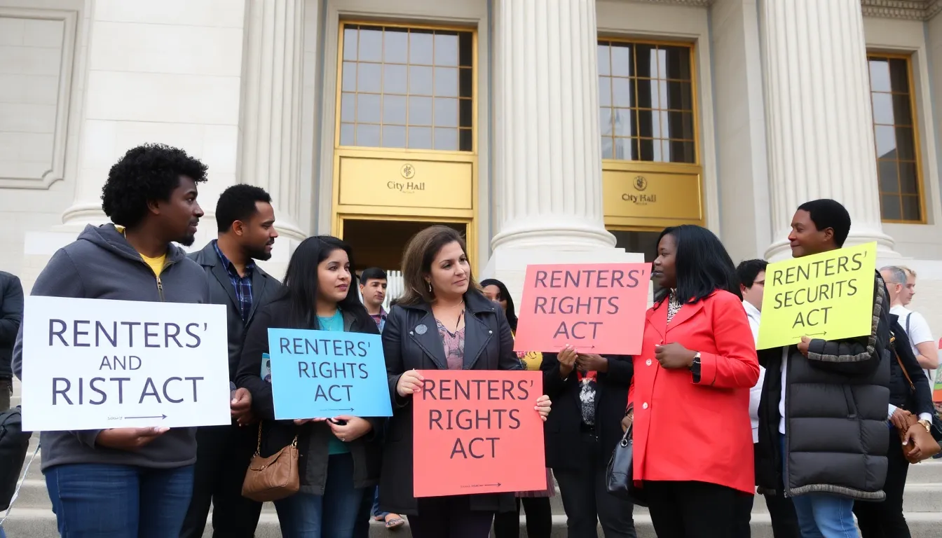 Advocates holding a rally to promote tenant protections and celebrate the passing of the Renters' Rights Act, with banners highlighting housing stability