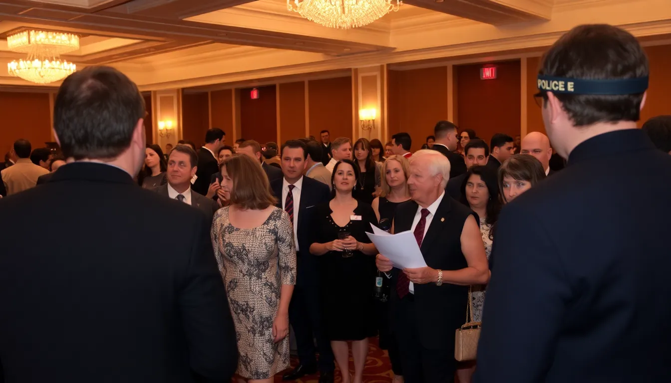 Reporters and guests react with shock and concern as law enforcement secures the area following a shooting incident during the White House Correspondents' Dinner.