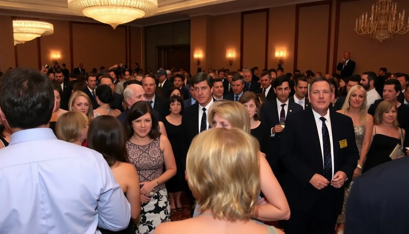 Attendees experiencing a chaotic atmosphere during the lockdown in the ballroom, highlighting the emotional impact of the event
