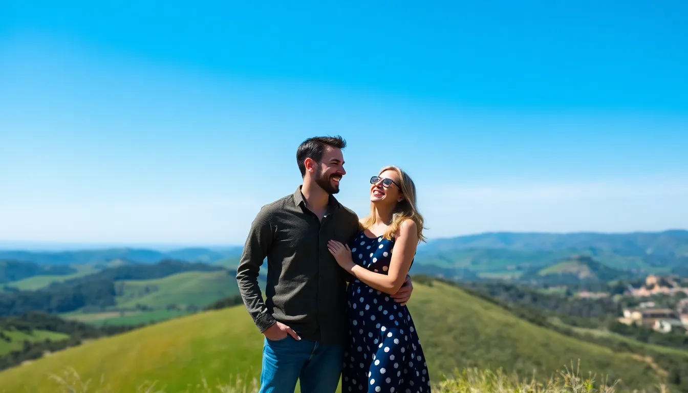 A couple stands on a hillside overlooking the rolling hills of Tuscany, surrounded by vibrant greenery and a clear blue sky, as they share a moment of laughter during a scene from the romantic comedy You, Me & Tuscany.