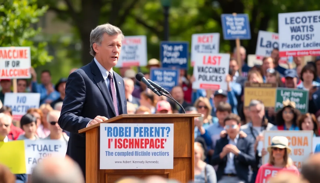 A political rally scene featuring RFK Jr., where supporters hold signs reflecting their concerns about government health initiatives and vaccine mandates
