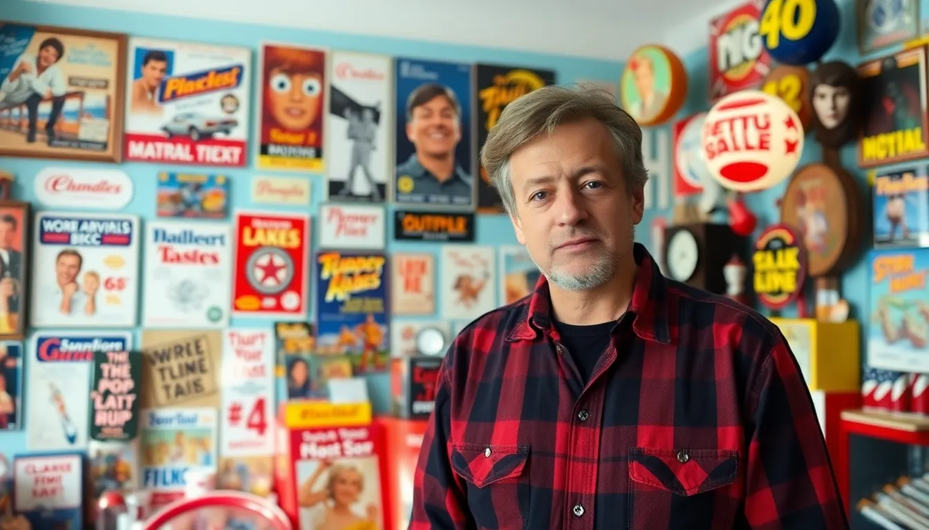 Ricky Cobb stands in front of a colorful display of 1970s memorabilia, surrounded by vintage advertisements and collectibles that reflect the era's pop culture.