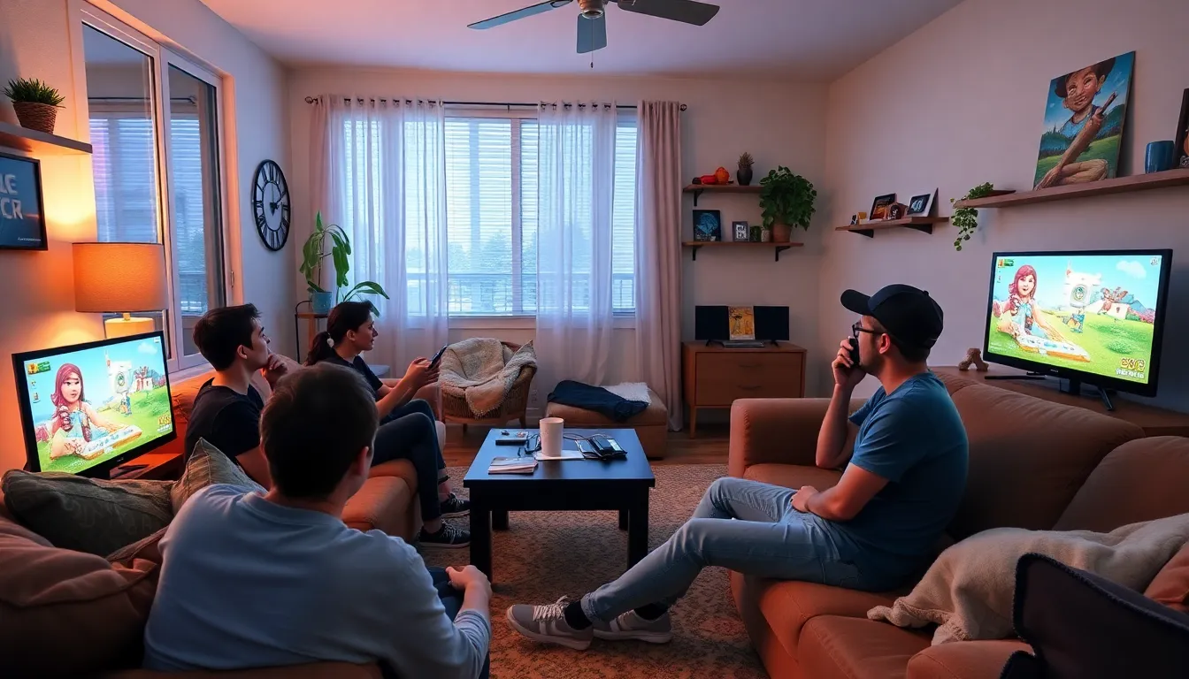 A group of gamers sits together in a cozy living room, intently focused on their screens as they play various simulation games centered around everyday chores.