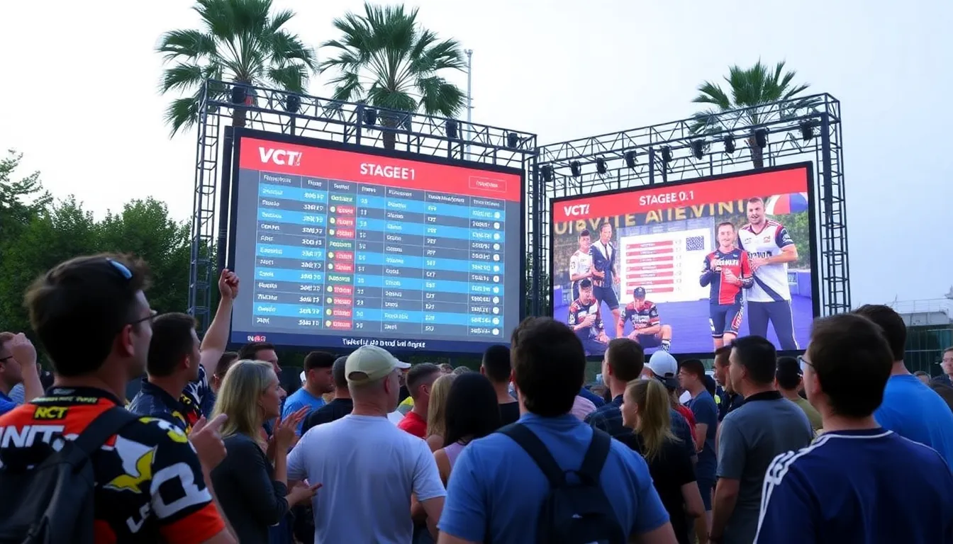 Excited fans gather around a large screen displaying the schedule for the upcoming VCT EMEA Stage 1, eagerly discussing their favorite teams and players.