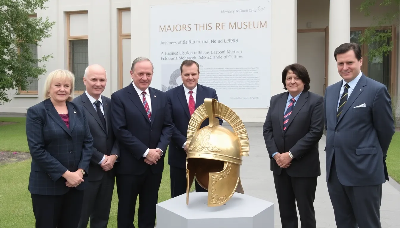 Officials from the Romanian Ministry of Culture stand beside the ancient gold helmet during its formal return, highlighting the successful resolution of a major art theft case.