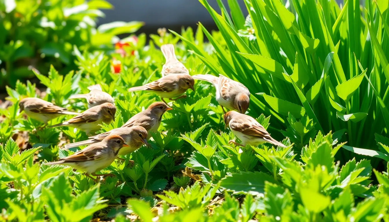A group of sparrows forages among the lush green foliage of a garden, searching for insects and seeds as the sun shines brightly overhead.