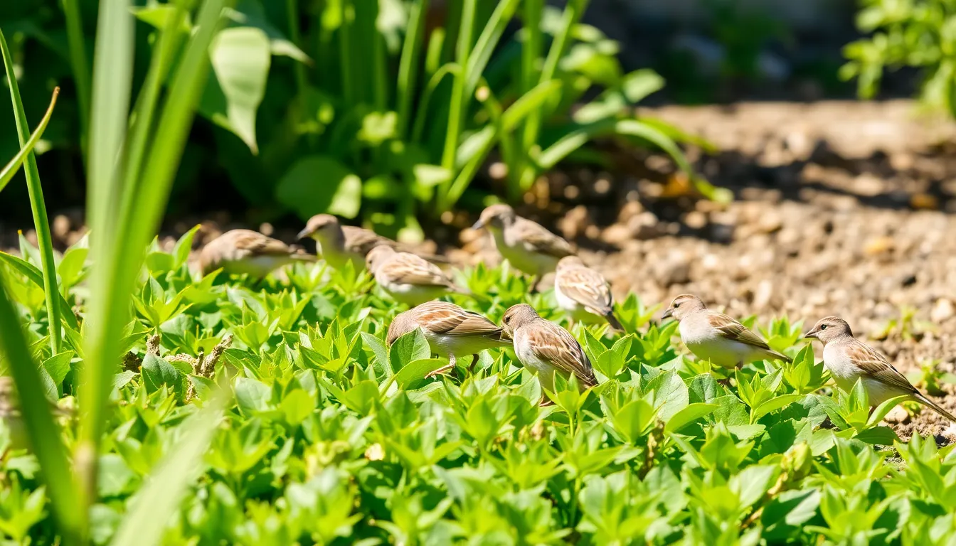 Sparrows and finches foraging for insects and seeds in a lush garden, showcasing their natural feeding behavior