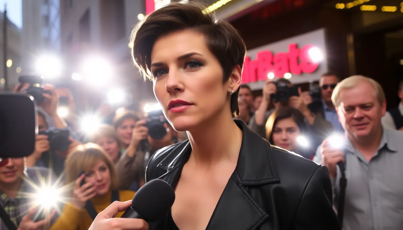 Ruby Rose speaks to reporters outside a venue, expressing her allegations against Katy Perry amidst a crowd of onlookers and flashing cameras.