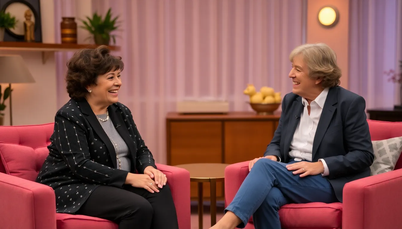 Ruby Wax sits across from a celebrity in a cozy studio setting, engaging in a heartfelt conversation that captures both laughter and introspection.