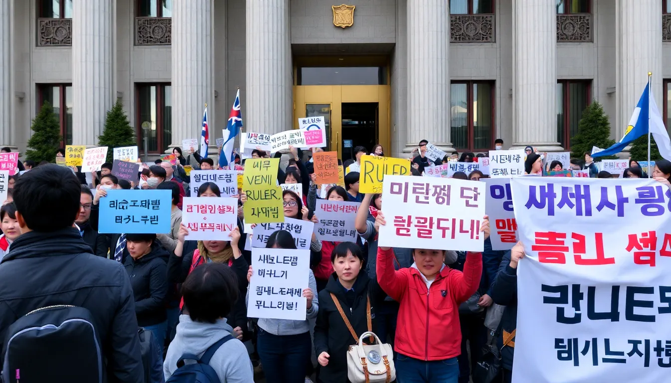 A crowd of South Koreans gathers outside a government building, holding signs and banners to protest against the Ruler scandal and demand accountability from public officials.