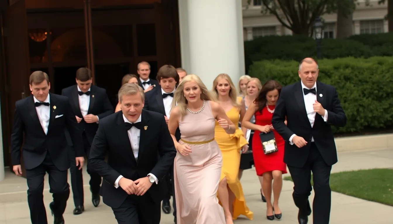 Attendees at the White House Correspondents' Dinner evacuate the venue in a state of confusion following a shooting incident that occurred shortly after the event began.
