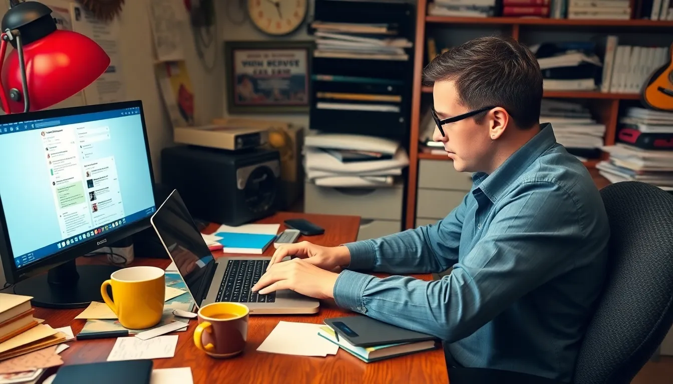 A group of fan page creators collaborating and brainstorming ideas in a cozy workspace, illustrating the teamwork behind keeping their pages active and engaging