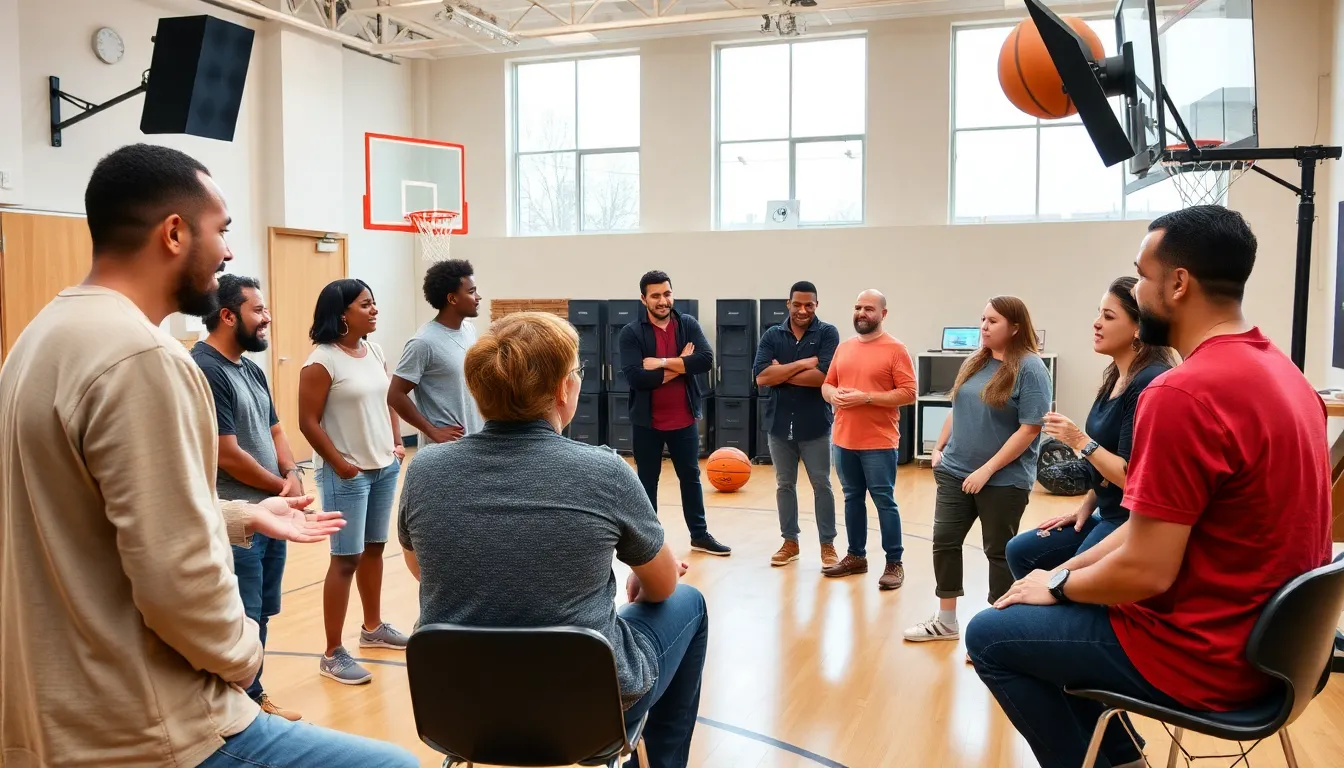 A group of actors rehearses a scene for a new sportsthemed comedy series inspired by the Los Angeles Lakers, showcasing a lively atmosphere filled with laughter and camaraderie.