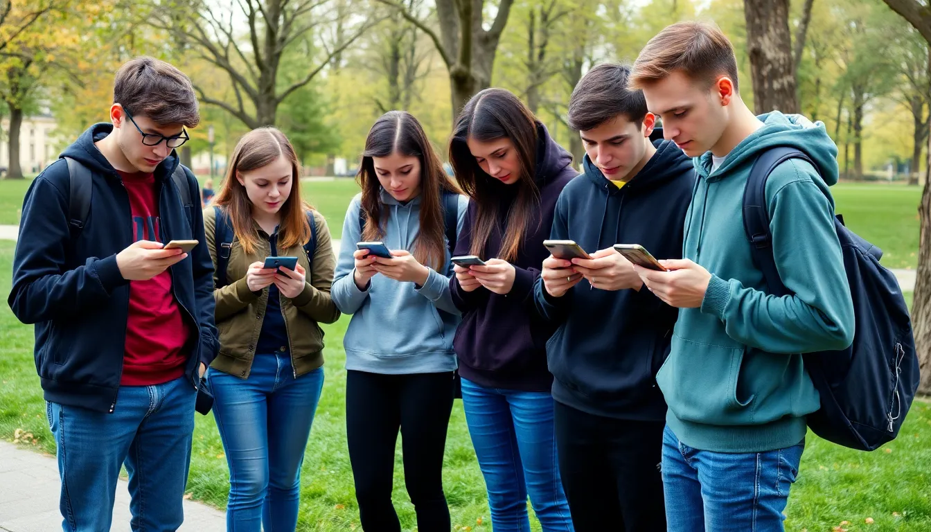 A group of young people gathered in a public space, using their smartphones to access blocked social media platforms through VPNs while discussing the impact of internet restrictions in Russia.
