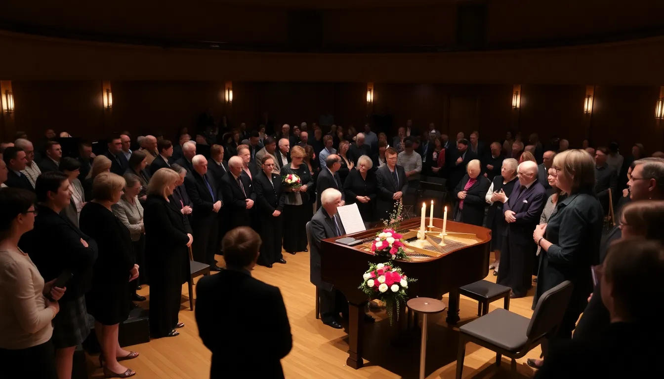An audience captivated by a concert dedicated to Rachmaninoff's compositions, reflecting the enduring influence of Slenczynska's legacy