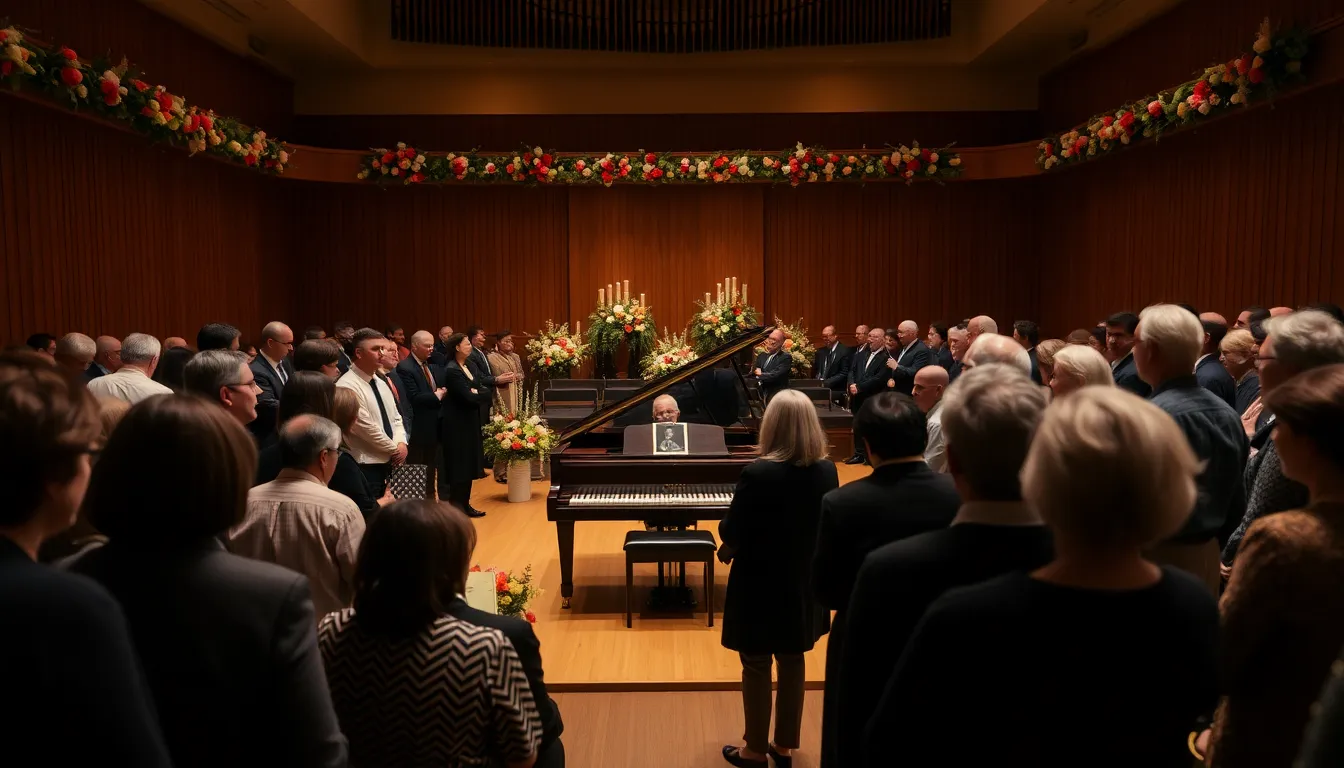 A grand piano sits in a dimly lit concert hall, surrounded by flowers and candles, as mourners gather to pay tribute to Ruth Slenczynska, the last pupil of Rachmaninoff, following her passing at the age of 101.