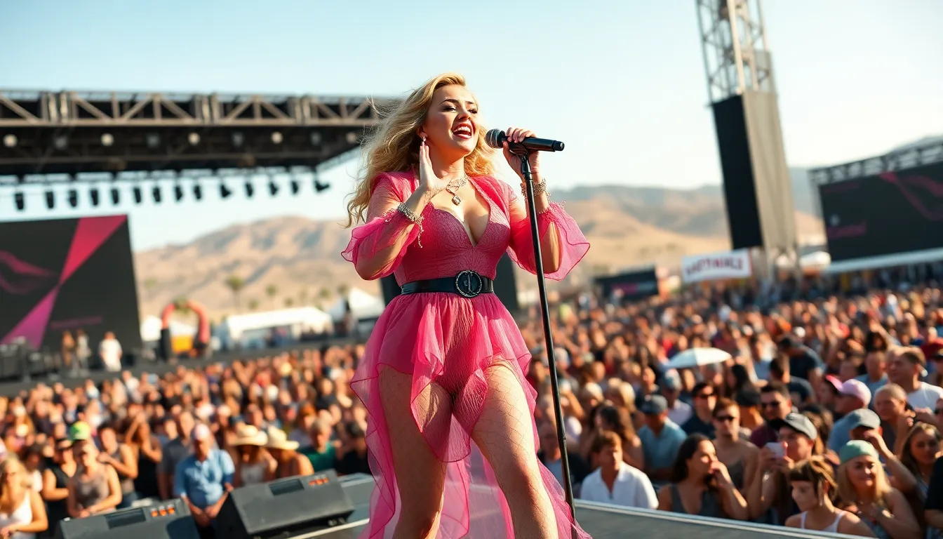 Sabrina Carpenter performs energetically on stage at Coachella, captivating the audience with her pop hits and a touch of Old Hollywood flair.