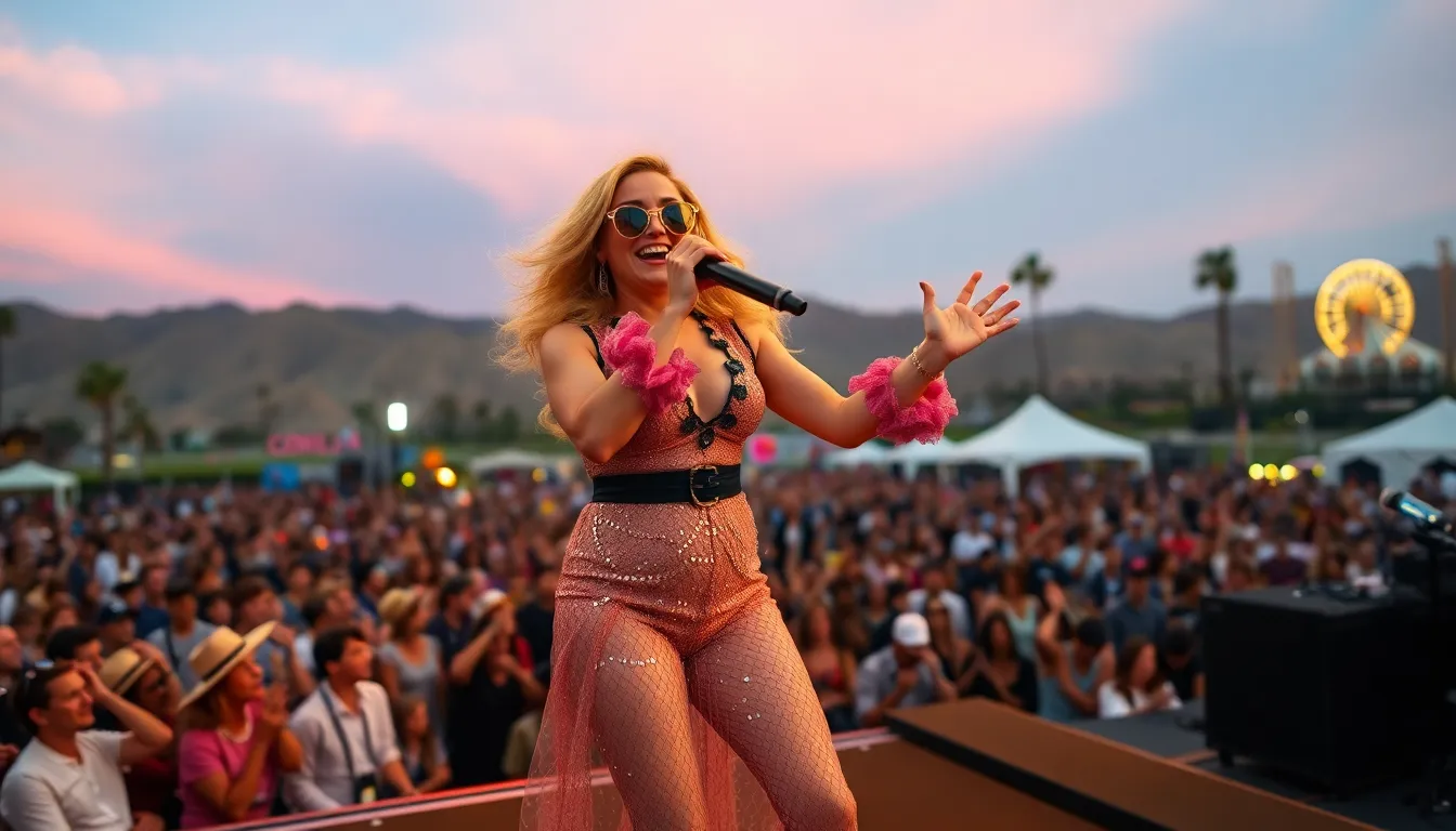 The visually stunning stage design enhances the overall experience at Coachella, complementing Carpenter's nostalgic yet contemporary musical style and creating an engaging atmosphere for fans