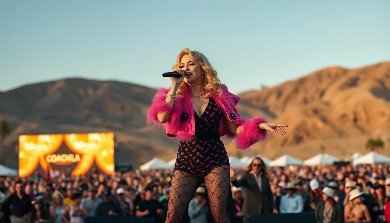 Festival attendees immerse themselves in the vibrant atmosphere of Coachella, celebrating the fusion of pop music and theatrical elements during Sabrina Carpenter's headlining act
