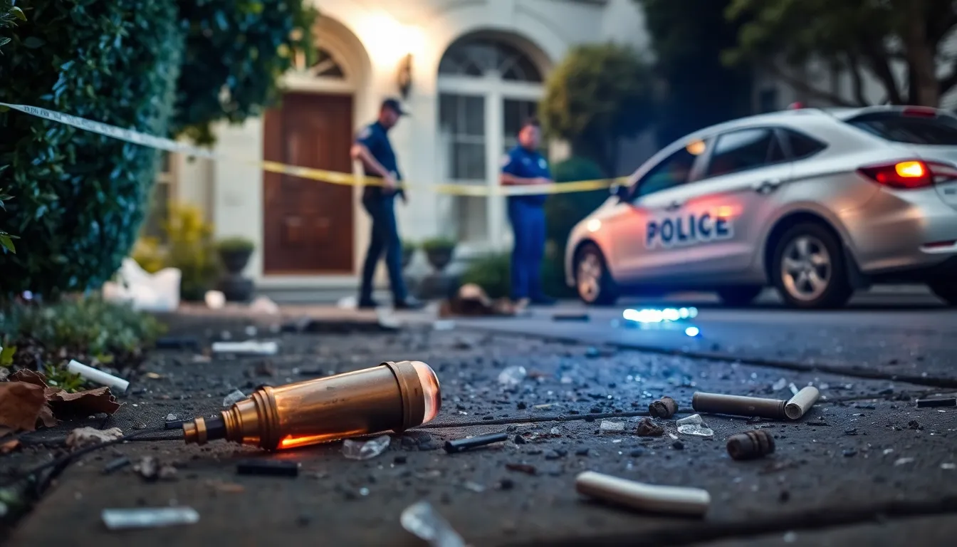 A Molotov cocktail lies on the ground outside the residence of OpenAI CEO Sam Altman, surrounded by shattered glass and debris, as law enforcement investigates the scene of the attack.