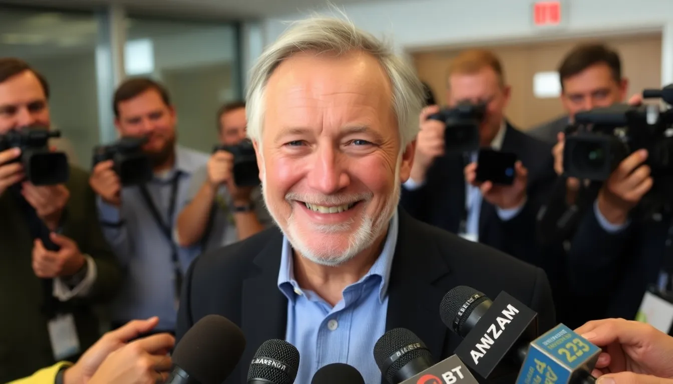 Sam Neill smiles broadly during a press conference, expressing gratitude and relief after announcing he is cancerfree following his battle with nonHodgkin lymphoma.