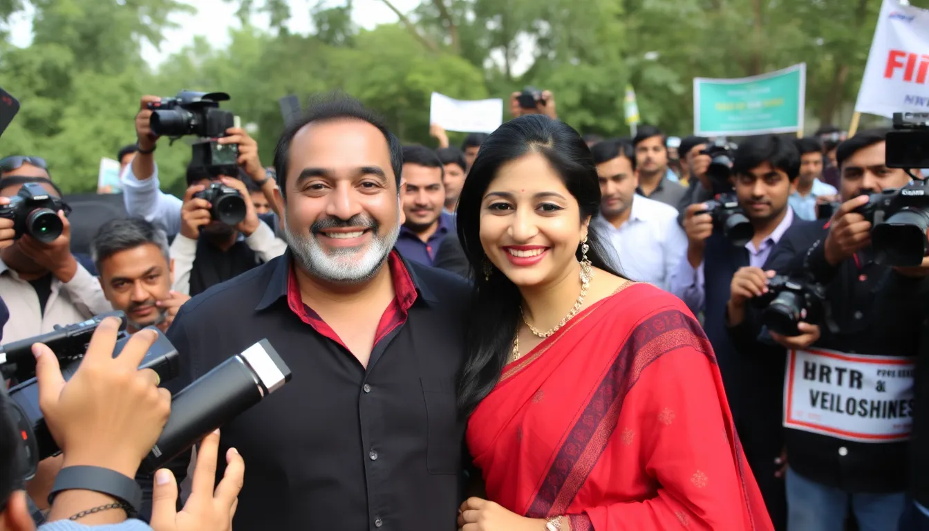 Sanjay Dutt and Aksha Kamboj celebrate their acquisition of the rights to the classic film Khal Nayak at a press event, surrounded by media and fans.