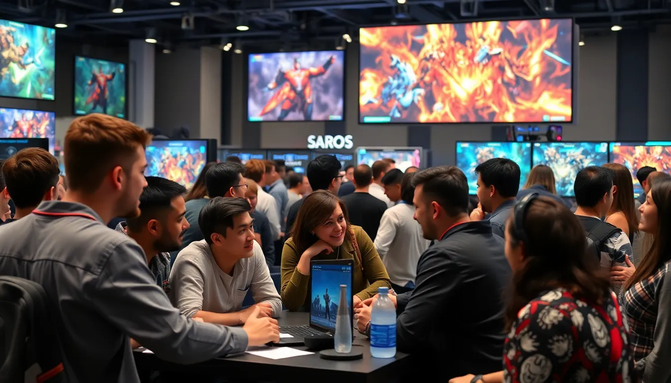 A group of gamers enthusiastically discusses strategies for Saros at a crowded gaming convention, with screens displaying intense gameplay in the background.