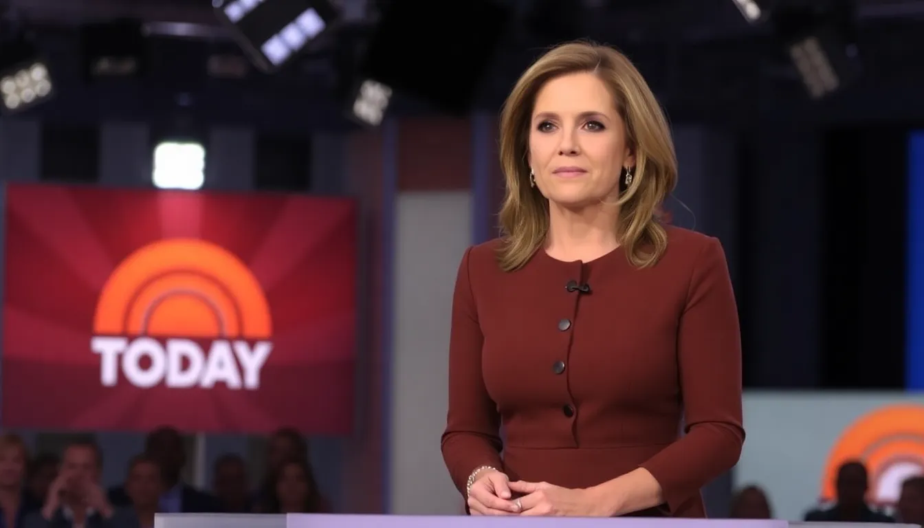 Savannah Guthrie stands at the NBC studio desk, visibly emotional as she addresses the audience during her return to the "Today" show amid the ongoing search for her missing mother.