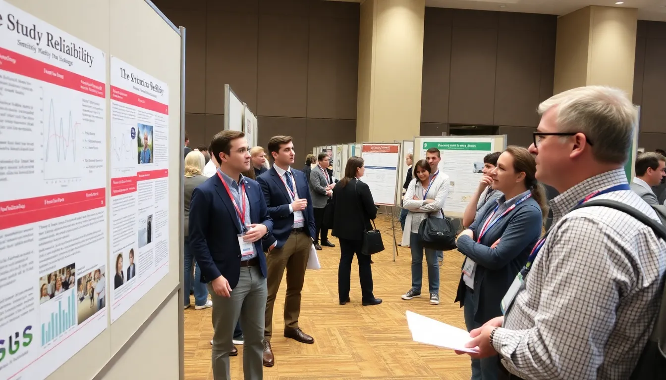 A group of researchers discusses study reliability at a conference, surrounded by posters highlighting recent findings and challenges in scientific research.