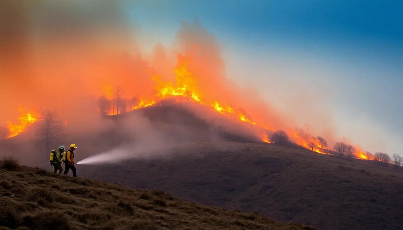 Flames engulf a hillside in the Scottish Highlands as firefighters work tirelessly to control the rapidly spreading wildfires under extreme alert conditions.