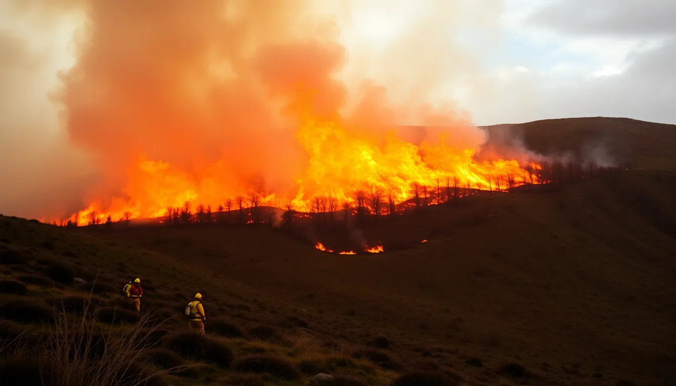 Smoke billowing across the landscape, highlighting the hazardous air quality affecting nearby residents as wildfires continue to spread