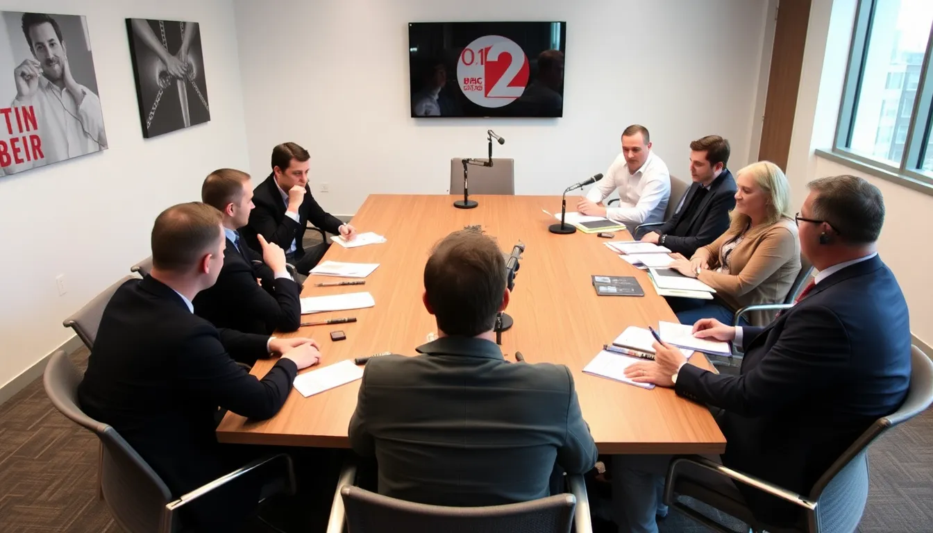 A group of radio industry professionals gathers in a conference room, discussing potential candidates to replace Scott Mills as the host of BBC Radio 2's Breakfast Show.