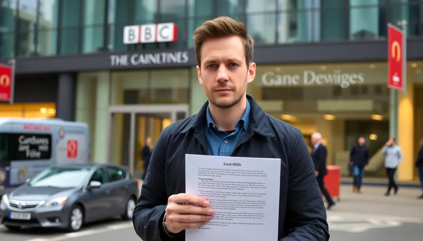 Scott Mills stands outside the BBC building, looking contemplative as he holds a statement regarding his unexpected dismissal from the network.