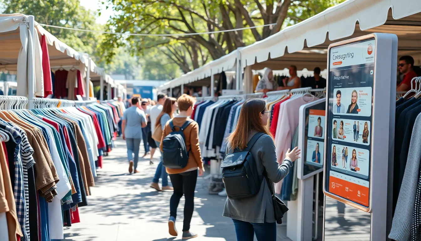 A bustling online marketplace showcases a variety of secondhand clothing items, with users browsing through racks of stylish apparel while engaging with AIdriven features to find personalized deals.