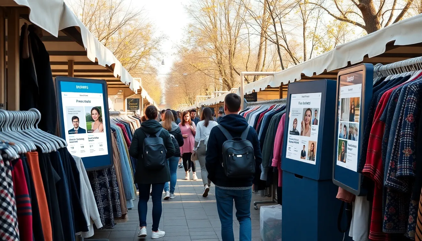 Individuals engage in discussions about the importance of responsible consumption and the future of the secondhand clothing market at a community event