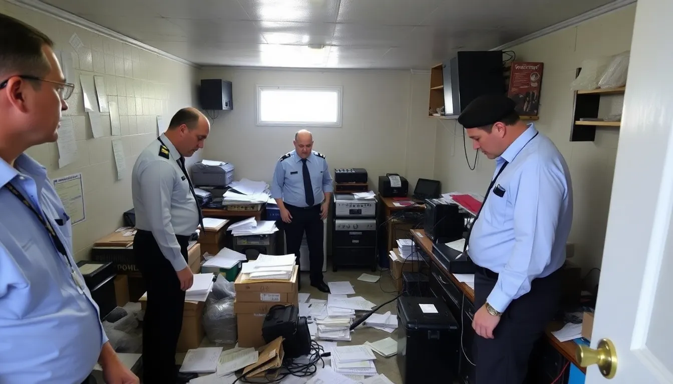 Authorities inspect the interior of a seized compound used for operating fake police stations, revealing documents and equipment linked to fraudulent activities.