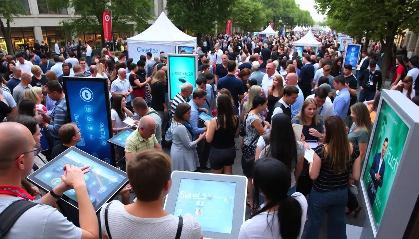 A large crowd gathers at an outdoor event showcasing innovative touchbased advertising technologies, with people interacting with various tactile displays and kiosks.