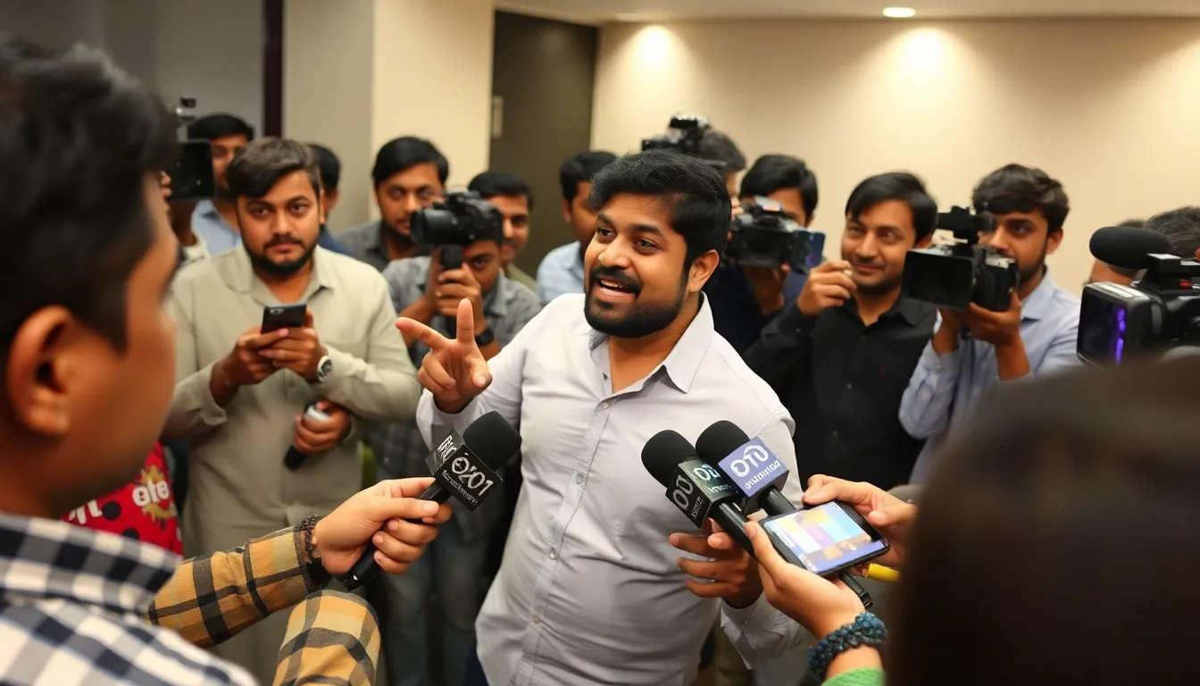 Shashwat Sachdev speaks passionately about his upcoming film duology during a press event, surrounded by reporters and cameras.